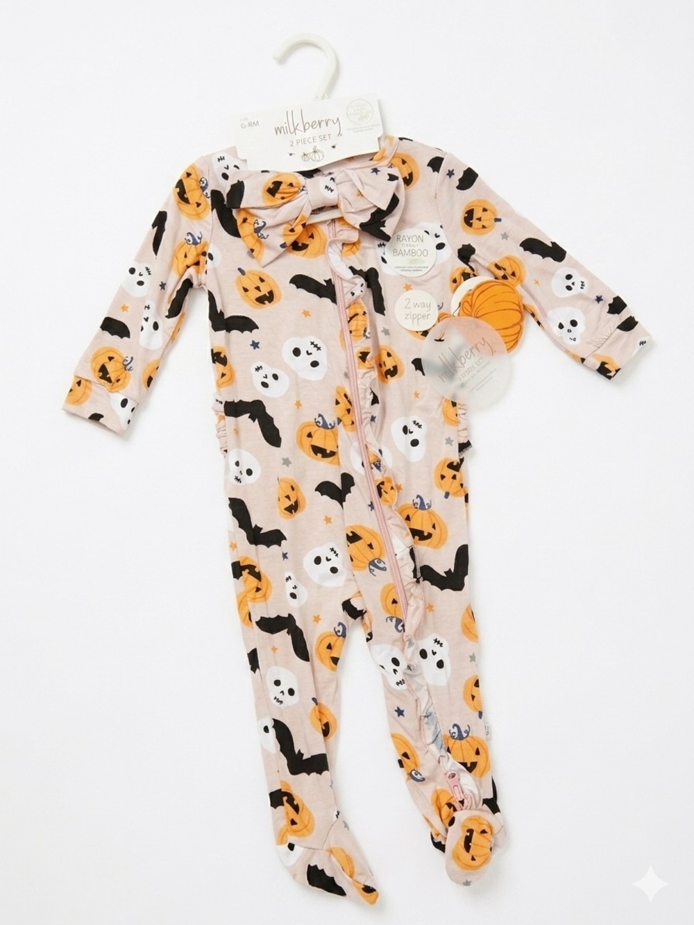 NWT Milkberry Bamboo Halloween Ruffle Footie Sleeper & Headband Set 6-9M